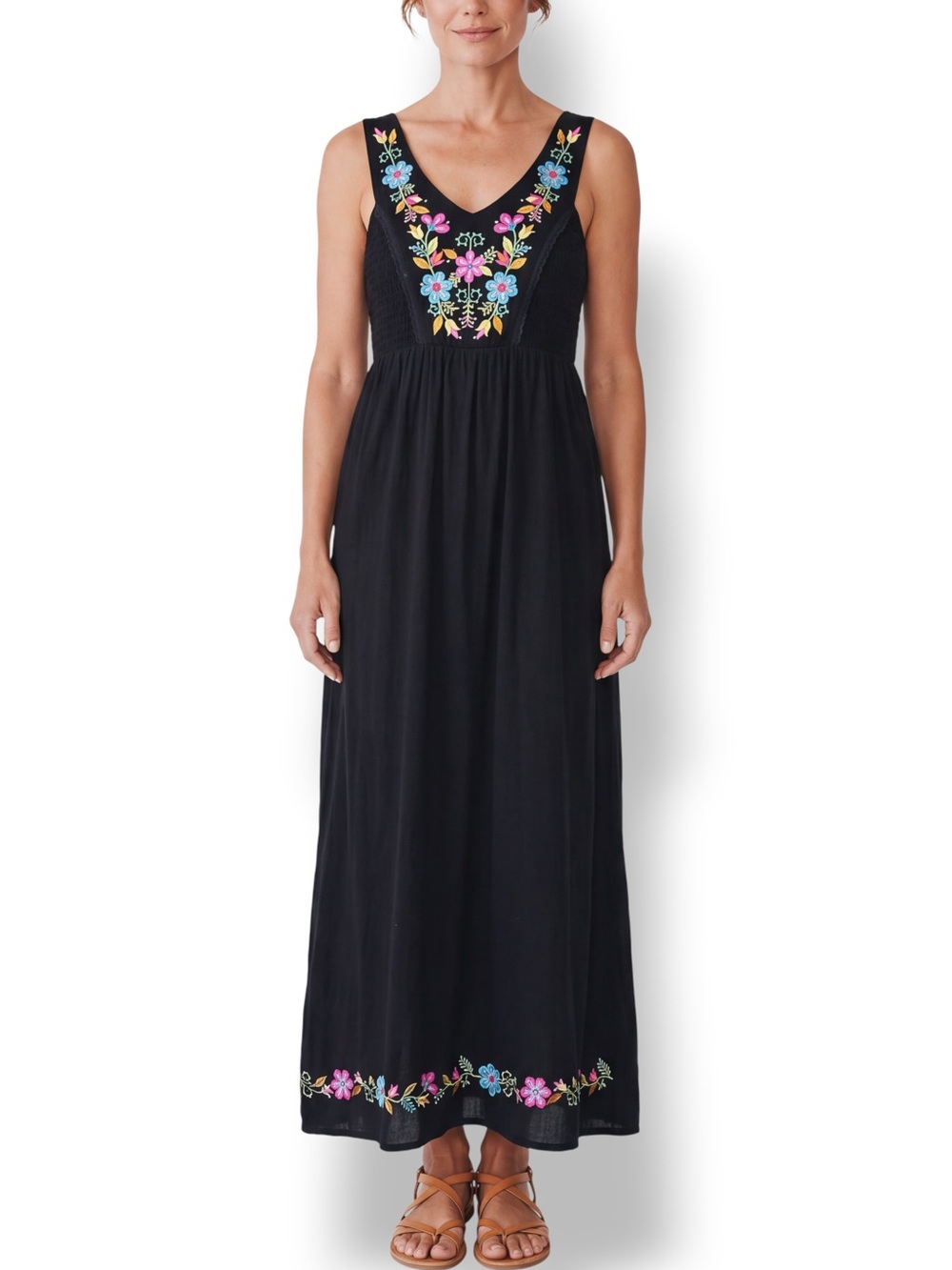 4/$20 R&B Medium Black Floral Embroidered Smocked Cotton Boho Maxi Dress